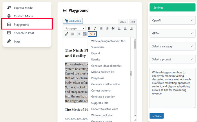 Generate AI content in playground mode